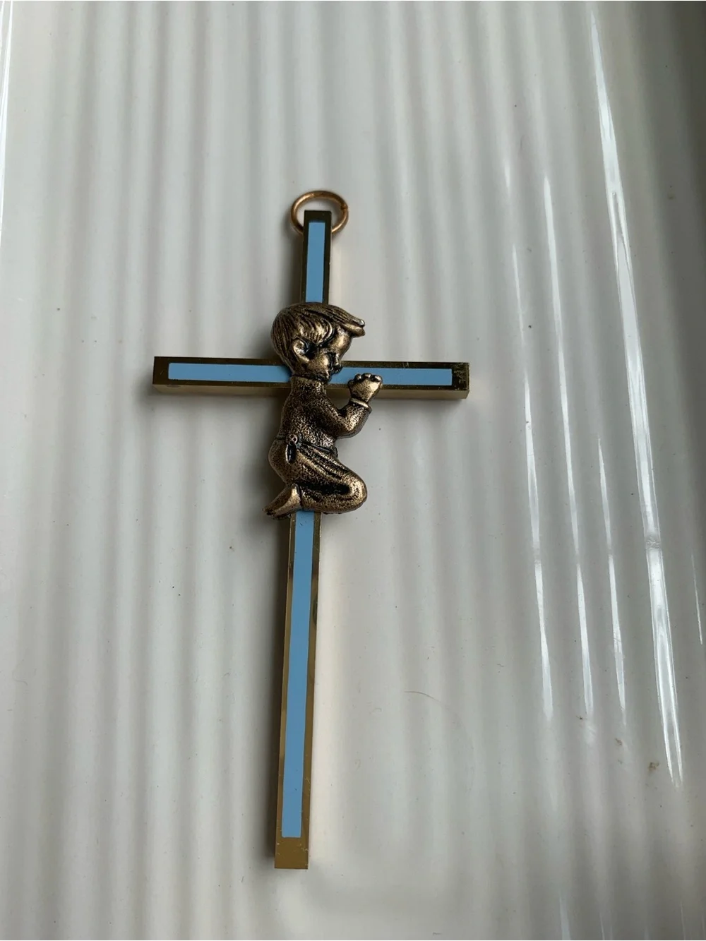 Vintage Gold-Tone w/Blue Enamel Cross Wall Decor with Praying Boy Wall Decor
